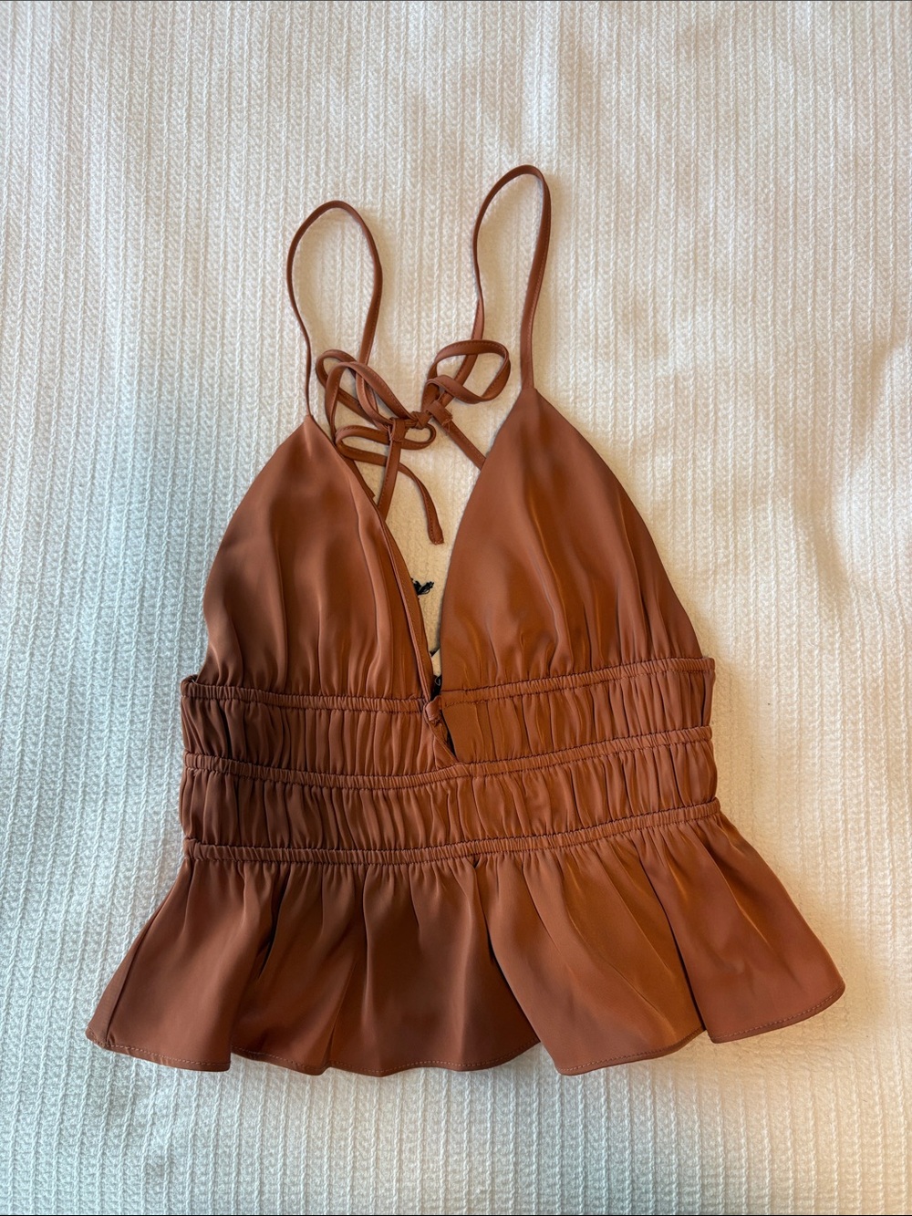 Rust Brown Smocked Peplum Tank with Tie Back